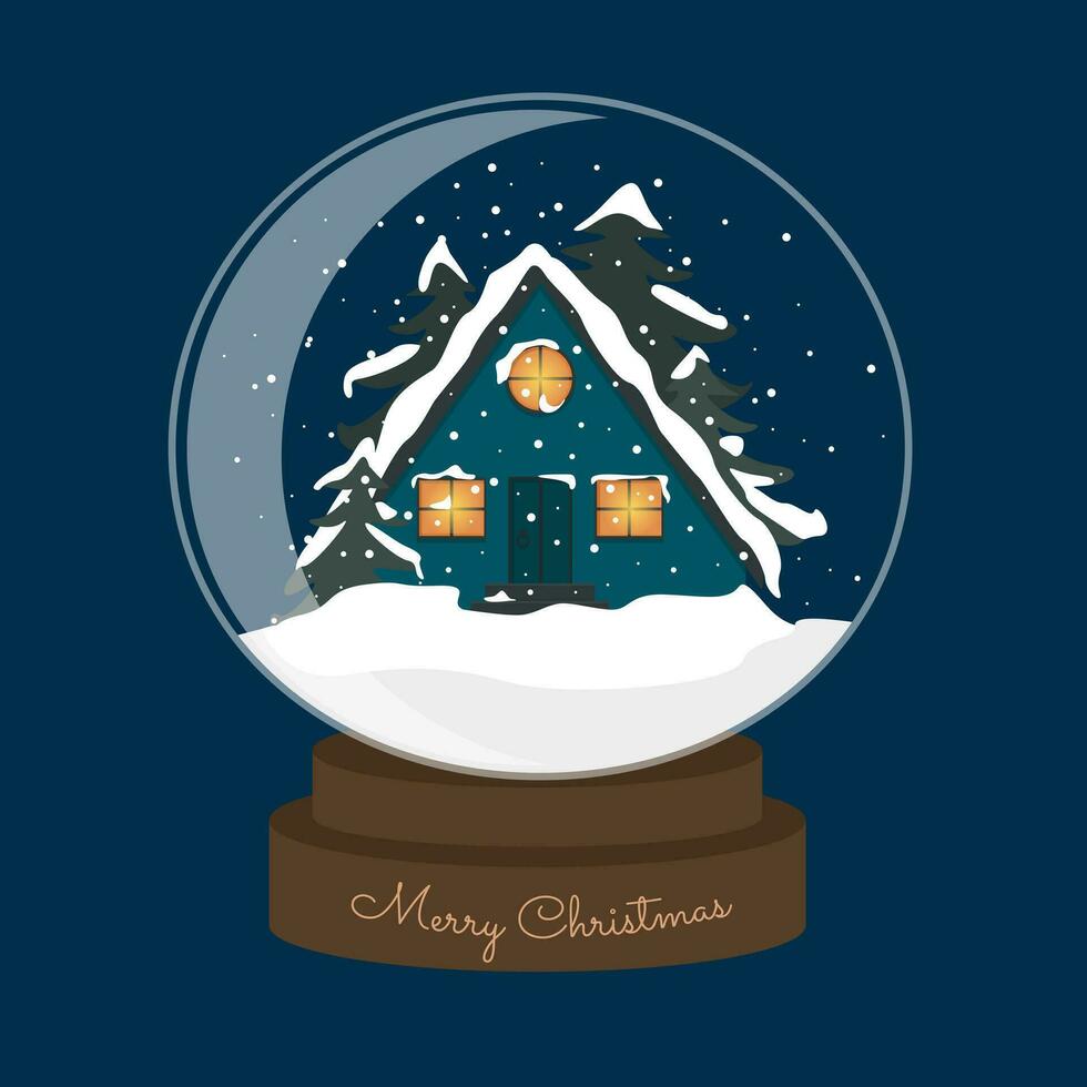 Festive decoration glass snow globe with triangular wooden cabin. Merry Christmas banner on blue background. vector