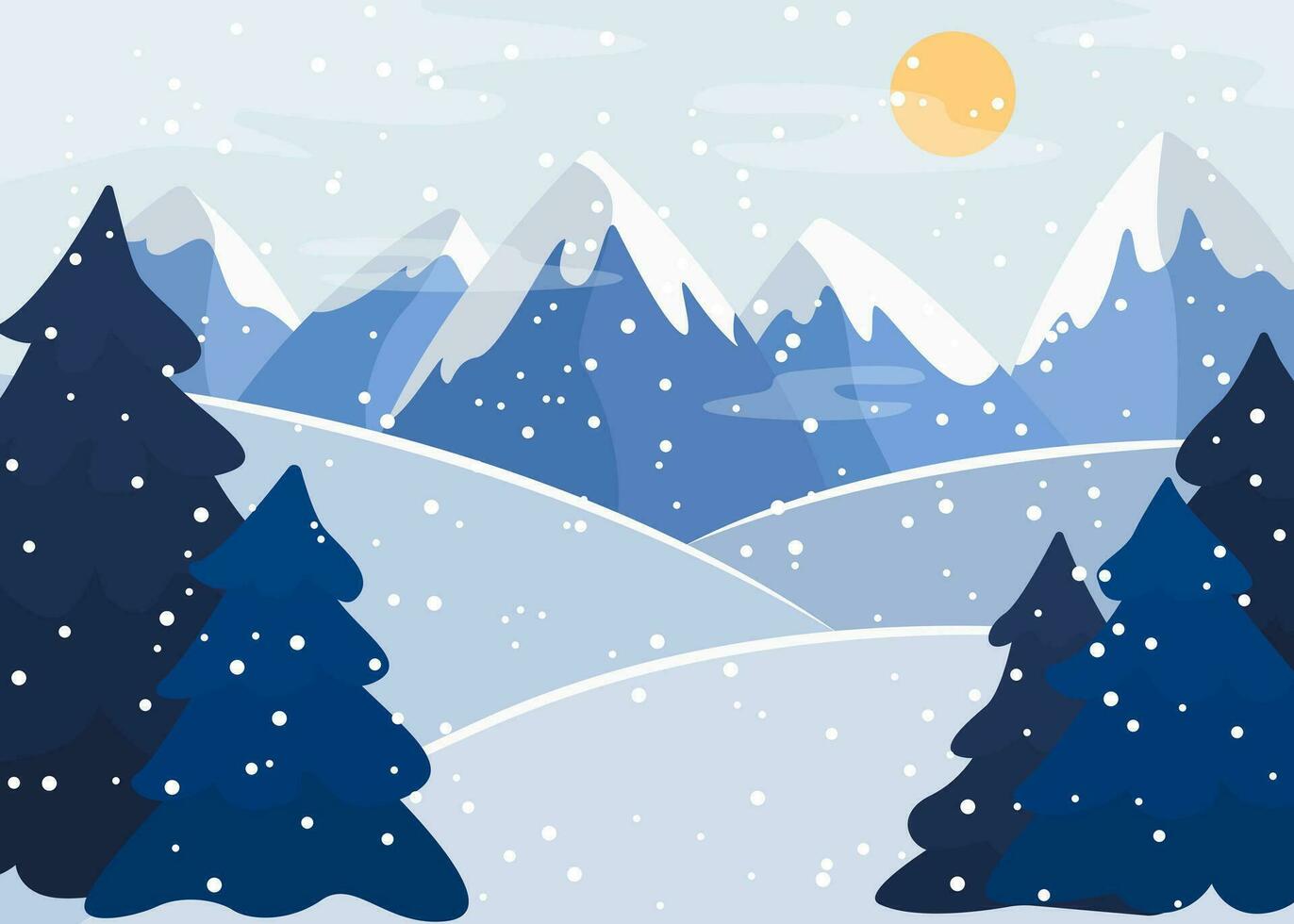 Winter sunny landscape illustration. Snow-capped mountains and Christmas trees. Seasonal background vector