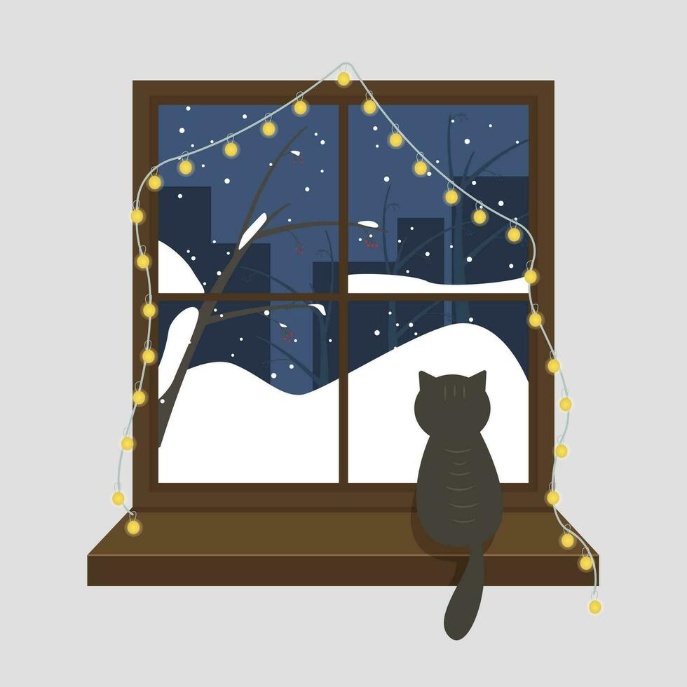 Window with a garland with winter evening and a cat on the windowsill. Christmas seasonal illustration with a snowy city with silhouettes of viburnum trees and holiday lights vector