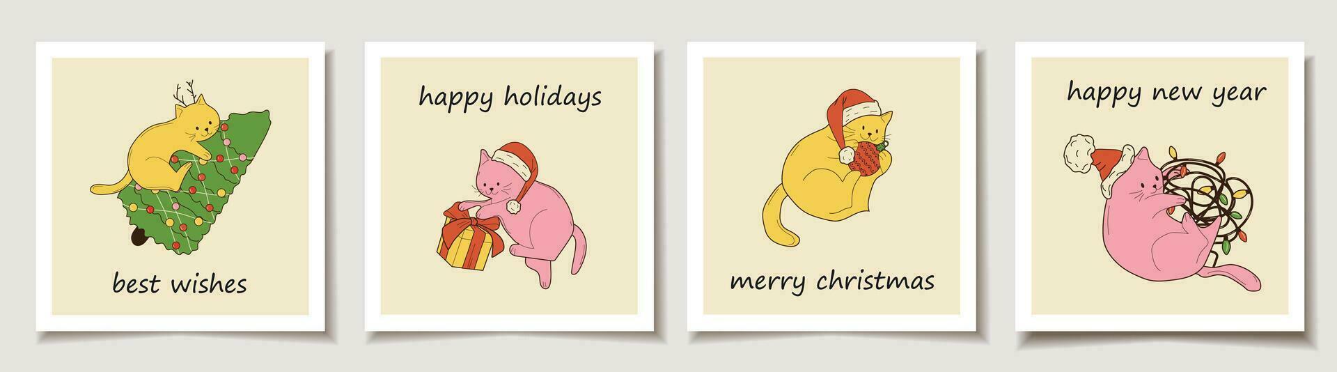 Christmas vector gift card or tag set with Cute cats with christmas decoration. Cute ladies. Merry christmas lettering, best wishes