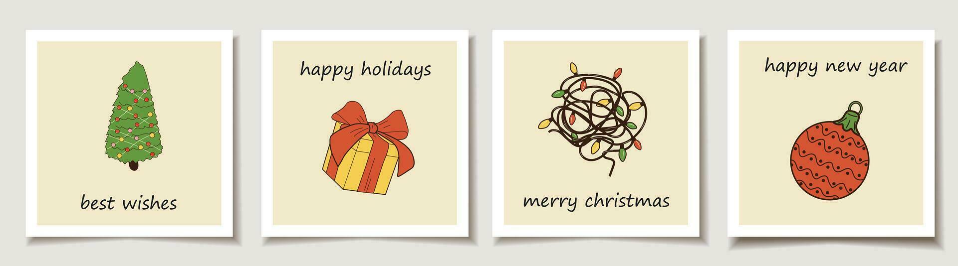Christmas vector gift card or tag set with Christmas decorations. Cute ladies. Merry christmas lettering, best wishes