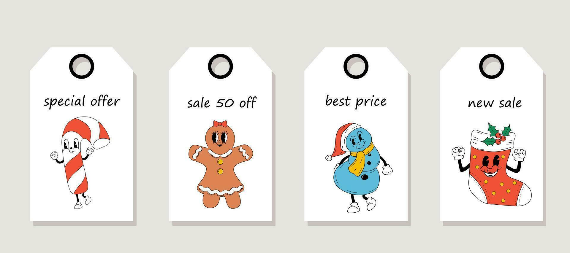 Vector set of discount price tags. Labels with Cute Cartoons christmas mascot. Christmas sale.