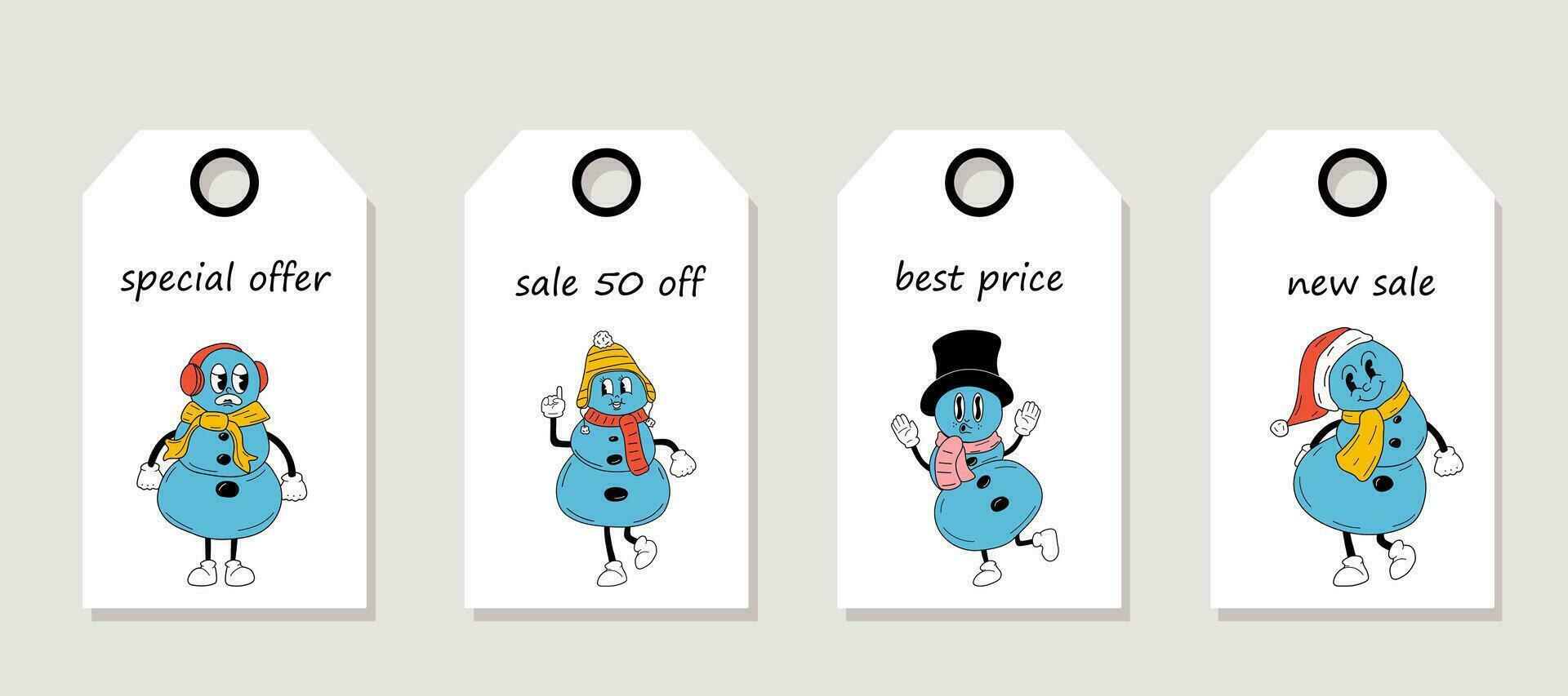 Vector set of discount price tags. Labels with Cute Cartoon Christmas snowmen characters. Christmas sale.