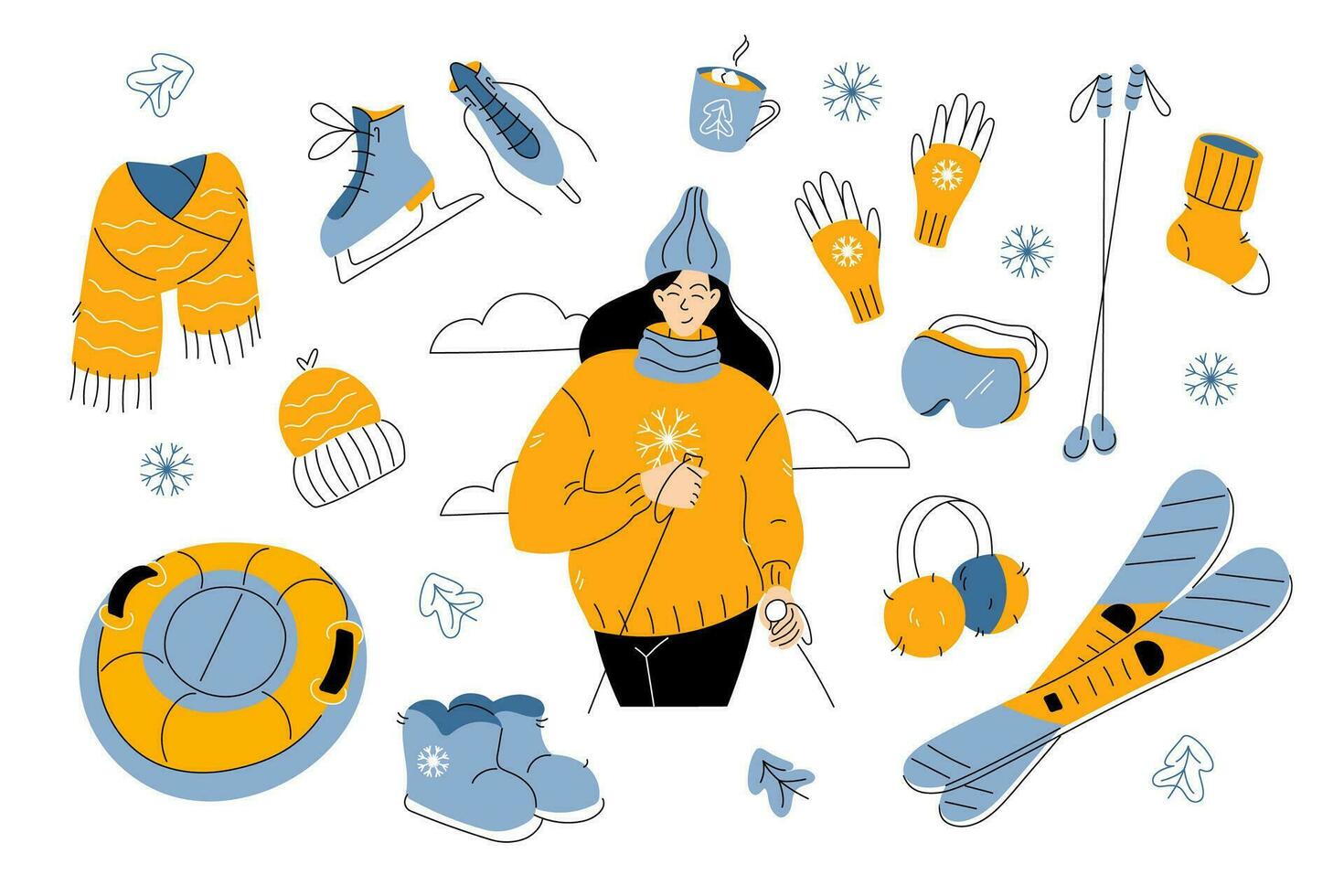 Winter sport wear design elements set and woman with poles skiing or walking. Ice skates, mountain skis, tube, mask, scarf, warm boots and mittens. Hand drawn flat vector illustrations collection.