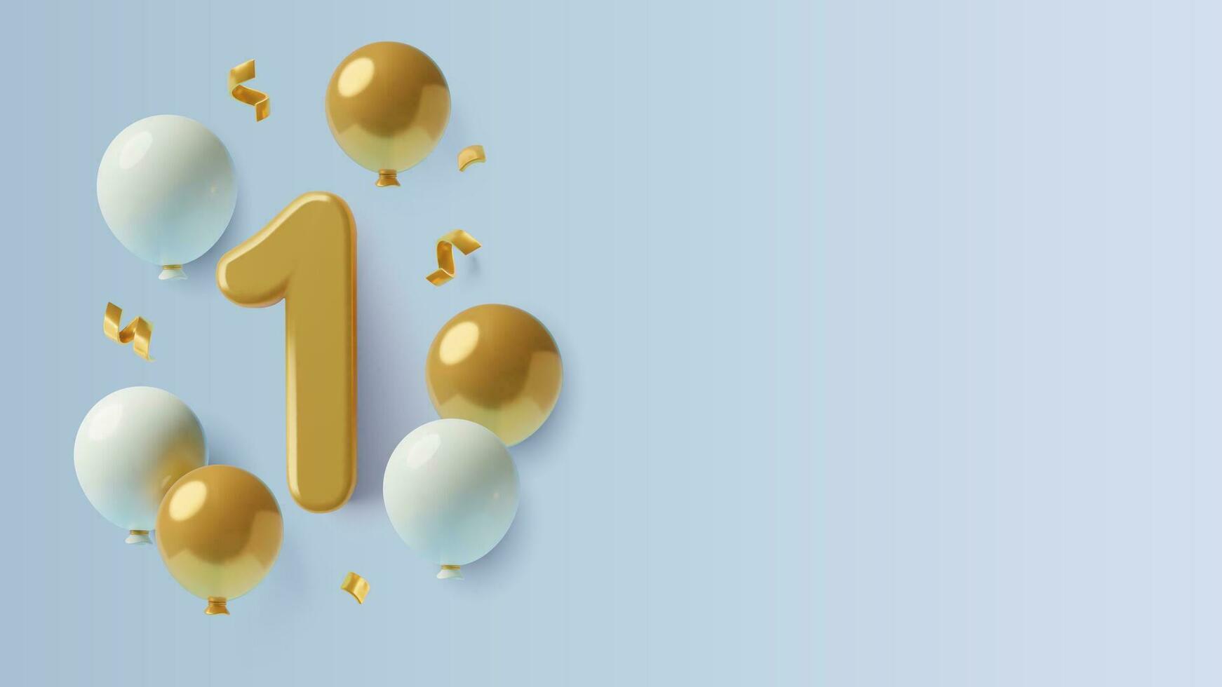 Big gold number 1 with helium balloons and confetti on light blue background. First birthday or one year anniversary 3D realistic background with copy space. Three dimensional vector illustration.