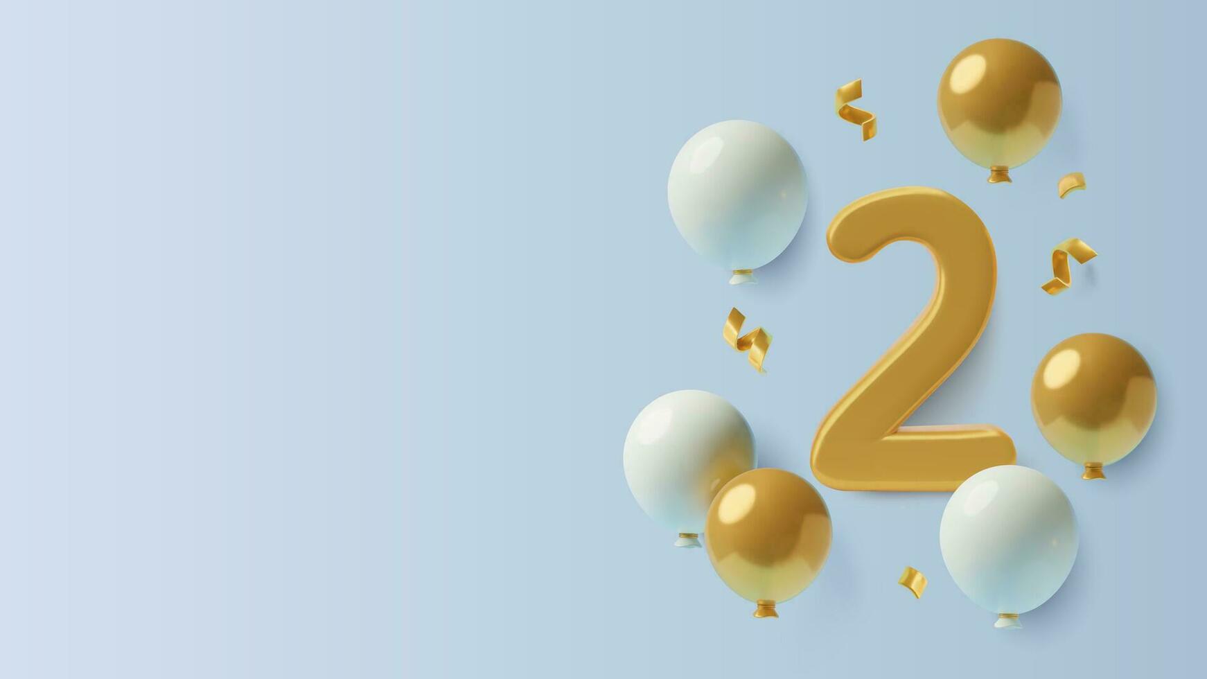 2 years birthday and second anniversary 3D background with big gold number two, flying balloons, curly ribbons and copy space. Realistic three dimensional vector illustration.