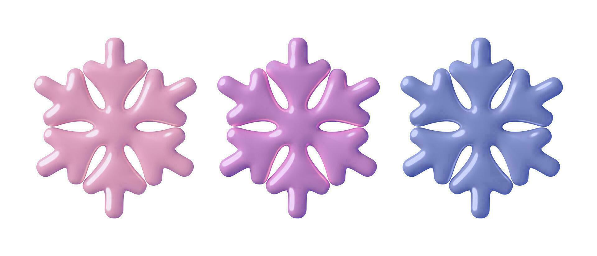 3D Snowflakes collection. Glossy metallic minimal pink, blue and purple winter design elements or frost icons. Three dimensional vector holiday decorations isolated on white background.