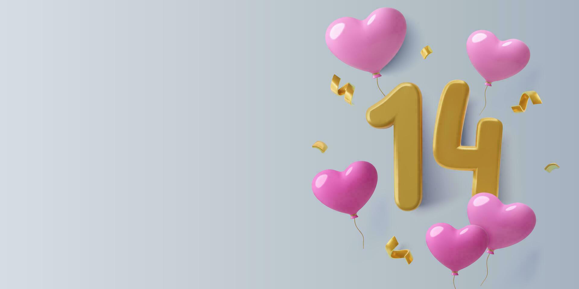 February 14 party background with number 14, heart balloons, holiday confetti and copy space. Valentine's Day realistic three dimensional banner design. Vector illustration.
