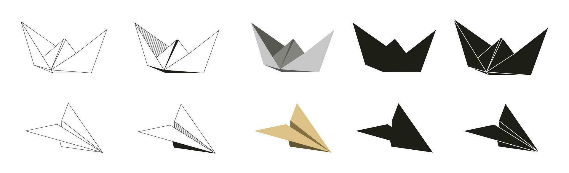 origami Embarcacion y aire avión doblada papel formas plano ilustración colocar. línea, gráfico, color y negro silueta icono vector