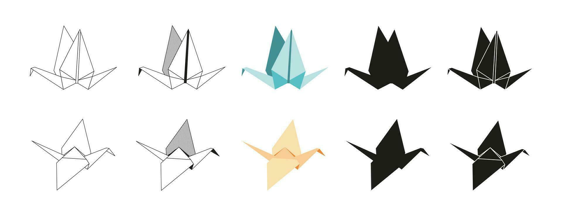 Origami crane Folded Paper Shapes. Flat Illustration Set. line, graphic, color and Black silhouette icon vector