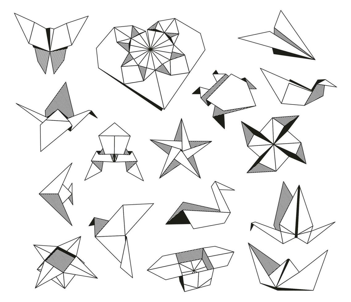 Origami Folded Paper Shapes Bird, Crane, frog, butterfly, box, tulip. Flat Illustration Collection. line graphic art icon set. vector
