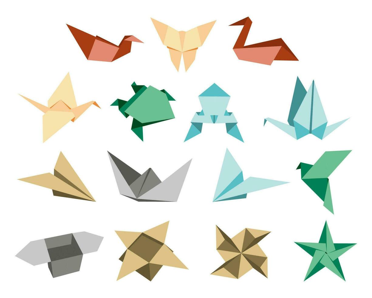 origami doblada papel formas pájaro, grua, rana, mariposa, caja, tulipán. plano ilustración conjunto recopilación. negro silueta icono vector