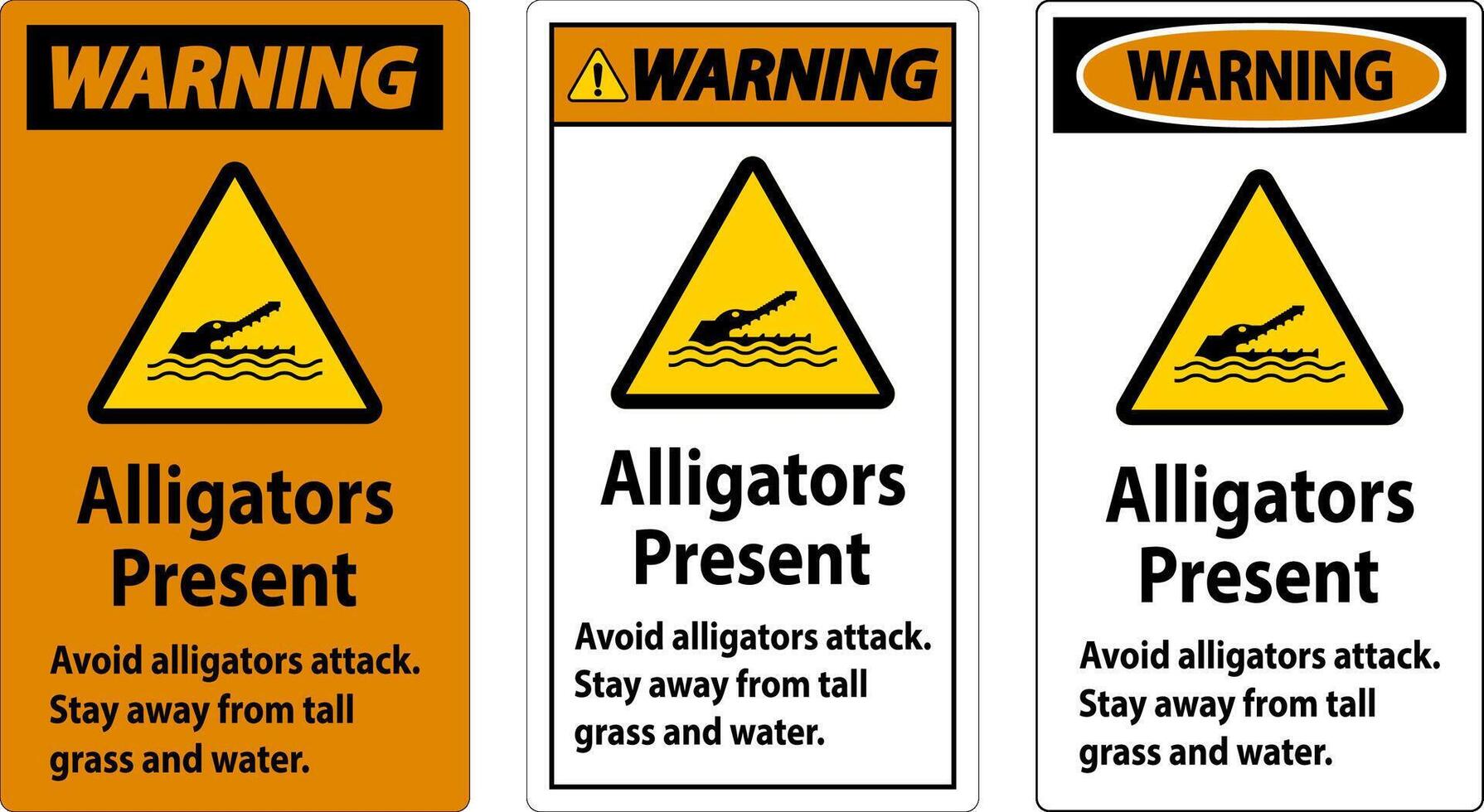Alligator Warning Sign, Danger - Alligators Present Avoid Attack, Stay Away From Tall Grass And Water vector