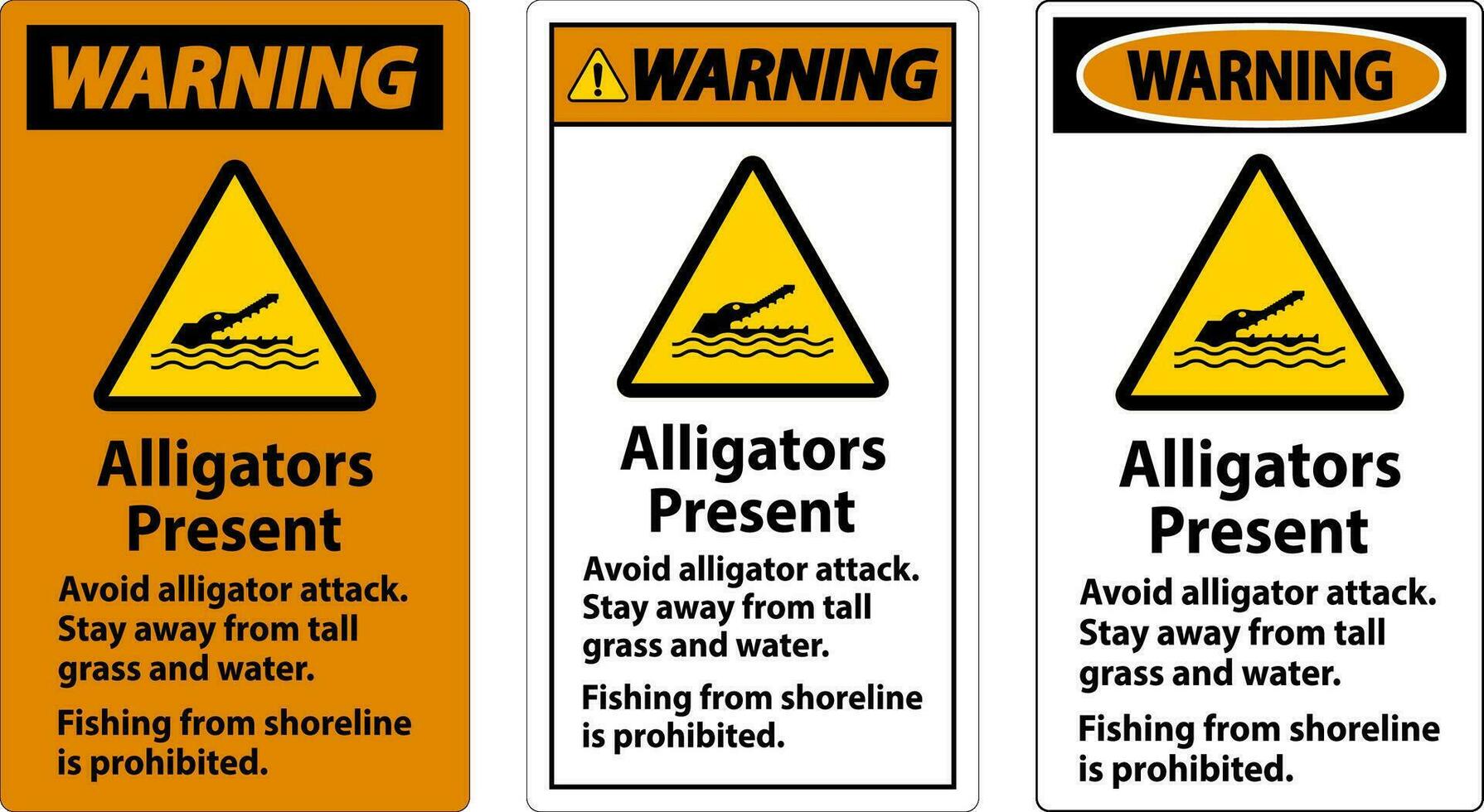 Alligator Warning Sign, Danger - Alligators Present, Avoid Alligator Attack, Stay Away, Fishing From Shoreline is Prohibited vector