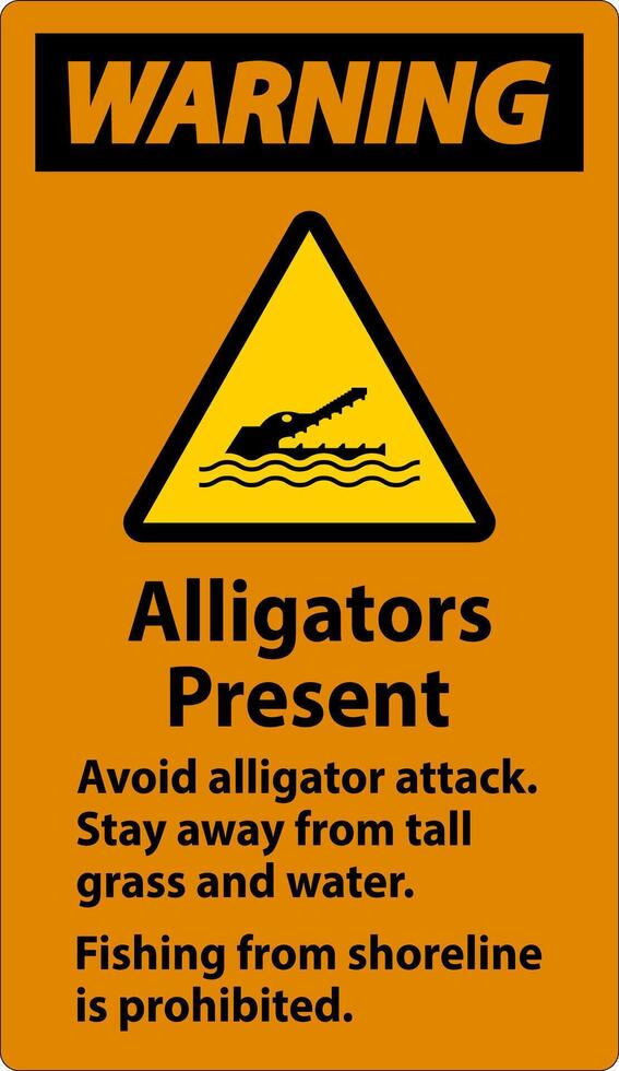 Alligator Warning Sign, Danger - Alligators Present, Avoid Alligator Attack, Stay Away, Fishing From Shoreline is Prohibited vector