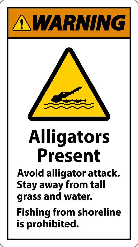 Alligator Warning Sign, Danger - Alligators Present, Avoid Alligator Attack, Stay Away, Fishing From Shoreline is Prohibited vector