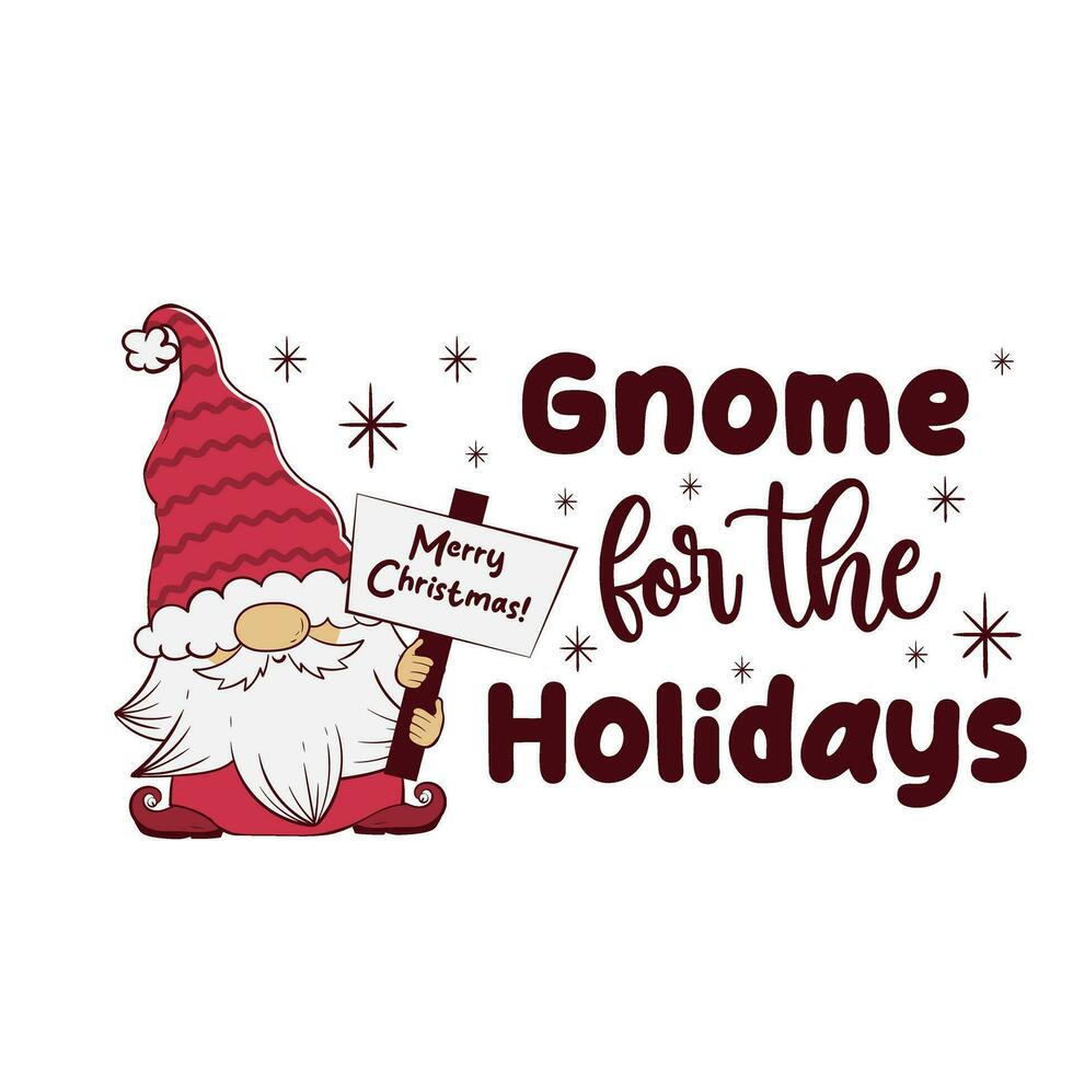 Vector illustration of a Christmas card with cartoon gnomes and the lettering gnome for the holidays. ready-made greeting card template.