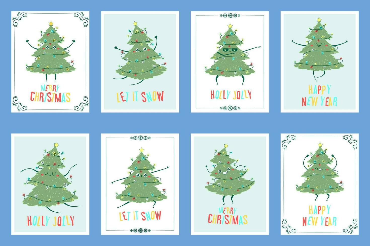 Set of greeting cards Kawaii doodle Christmas tree dancing. Children's handmade naive style. Simple New Year character isolated on white background. Happy spruce concept vector