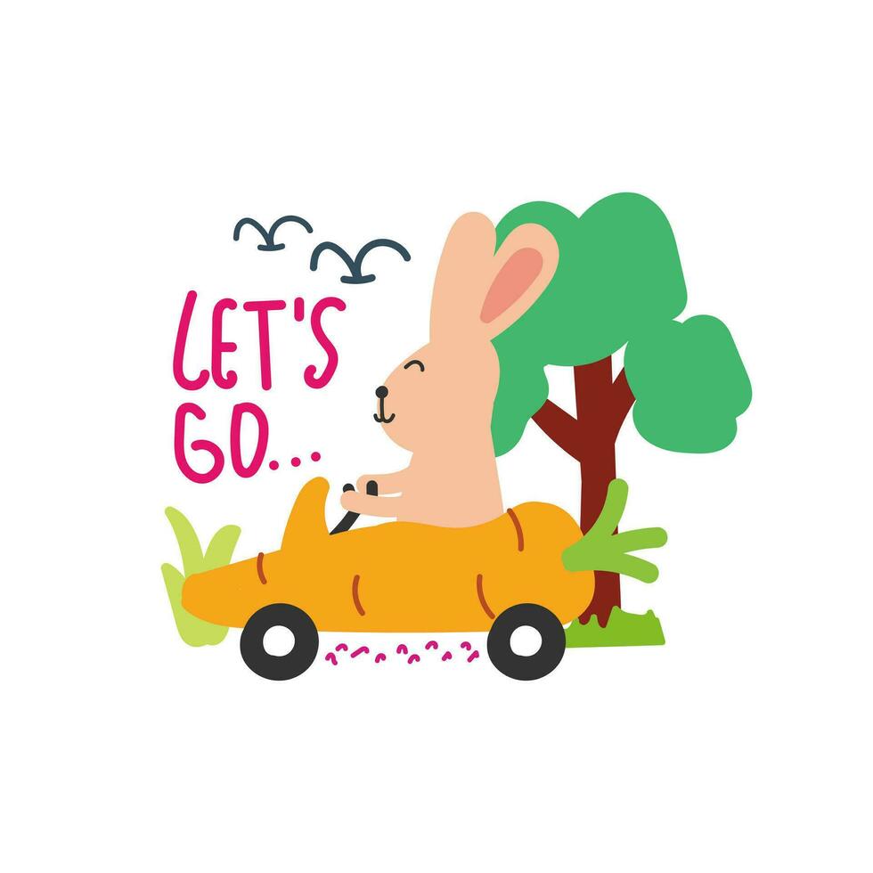 Cute bunny driving a car, hand drawn illustration for for fabric, textile and print vector