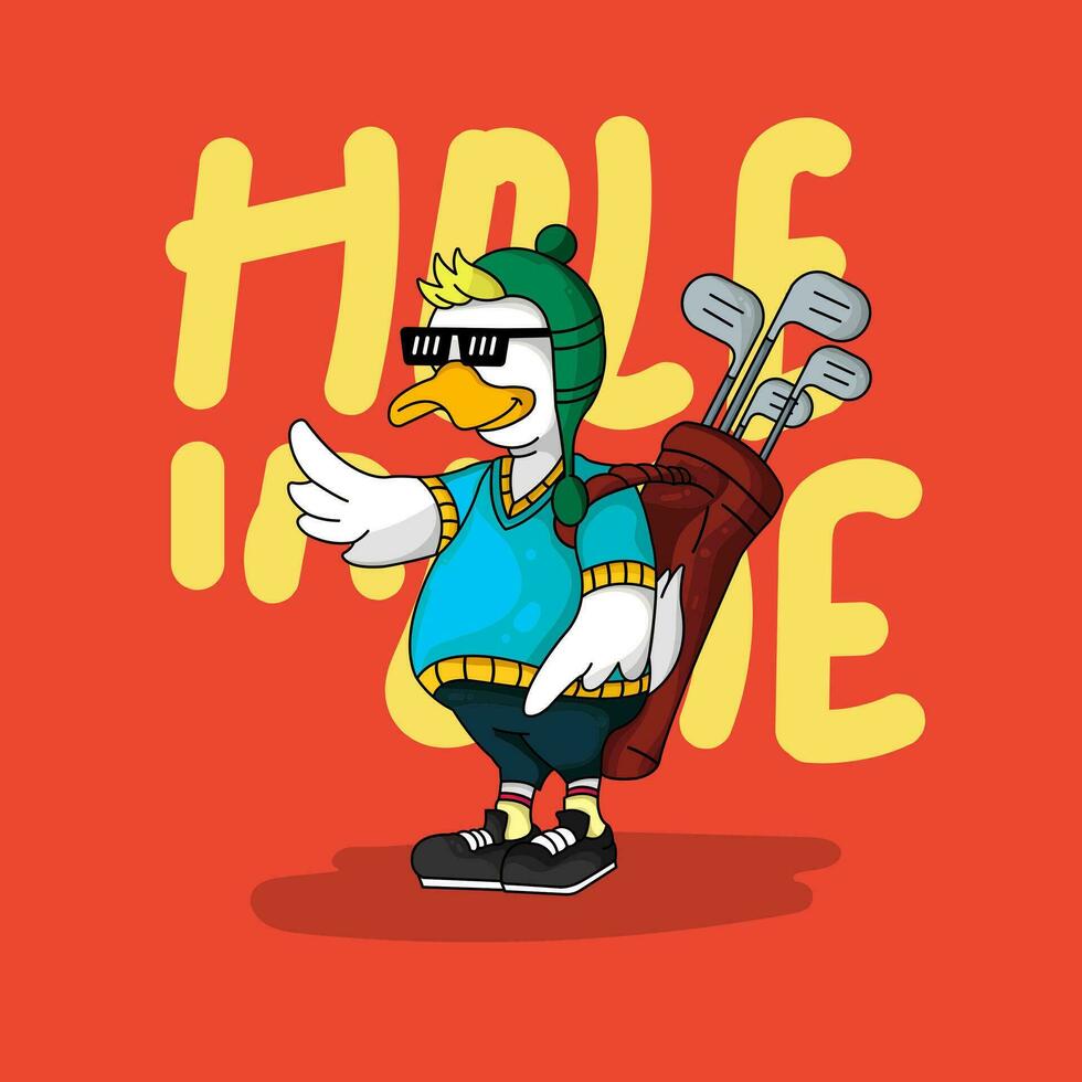 Cute duck playing golf vector llustration, flat cartoon style