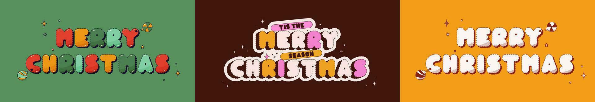 Groovy posters with text Merry Christmas. Tricolor background. vector