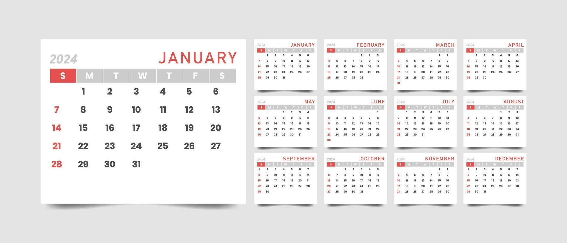 mensual calendario modelo para 2024 año con minimalista estilo vector