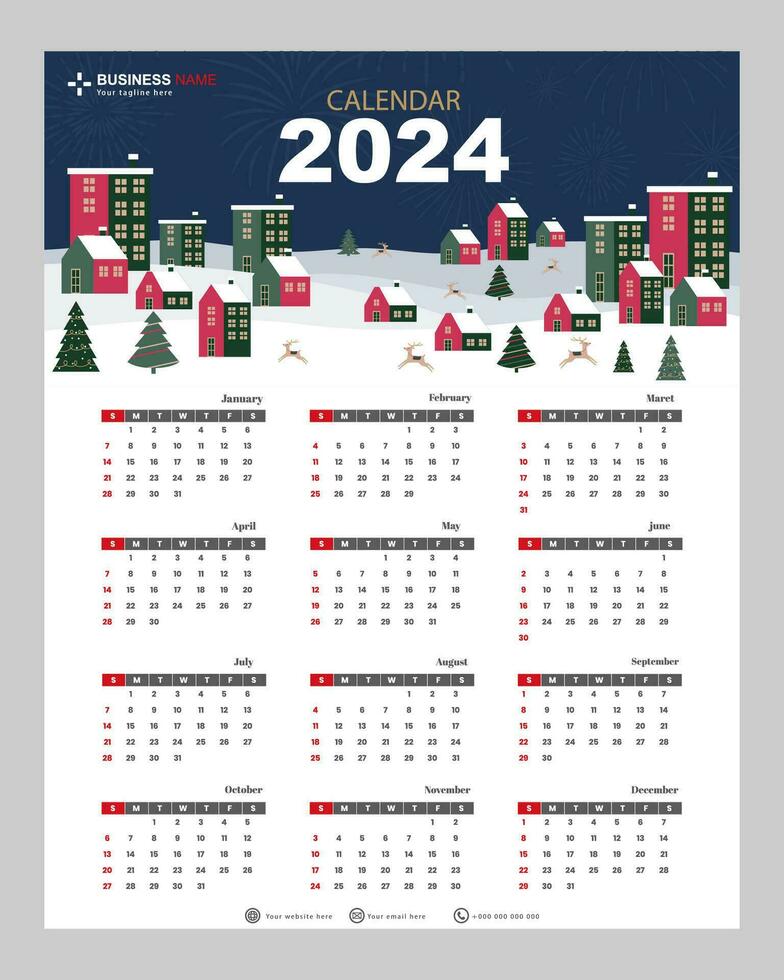 calendar template for 2024 year with christmas element vector