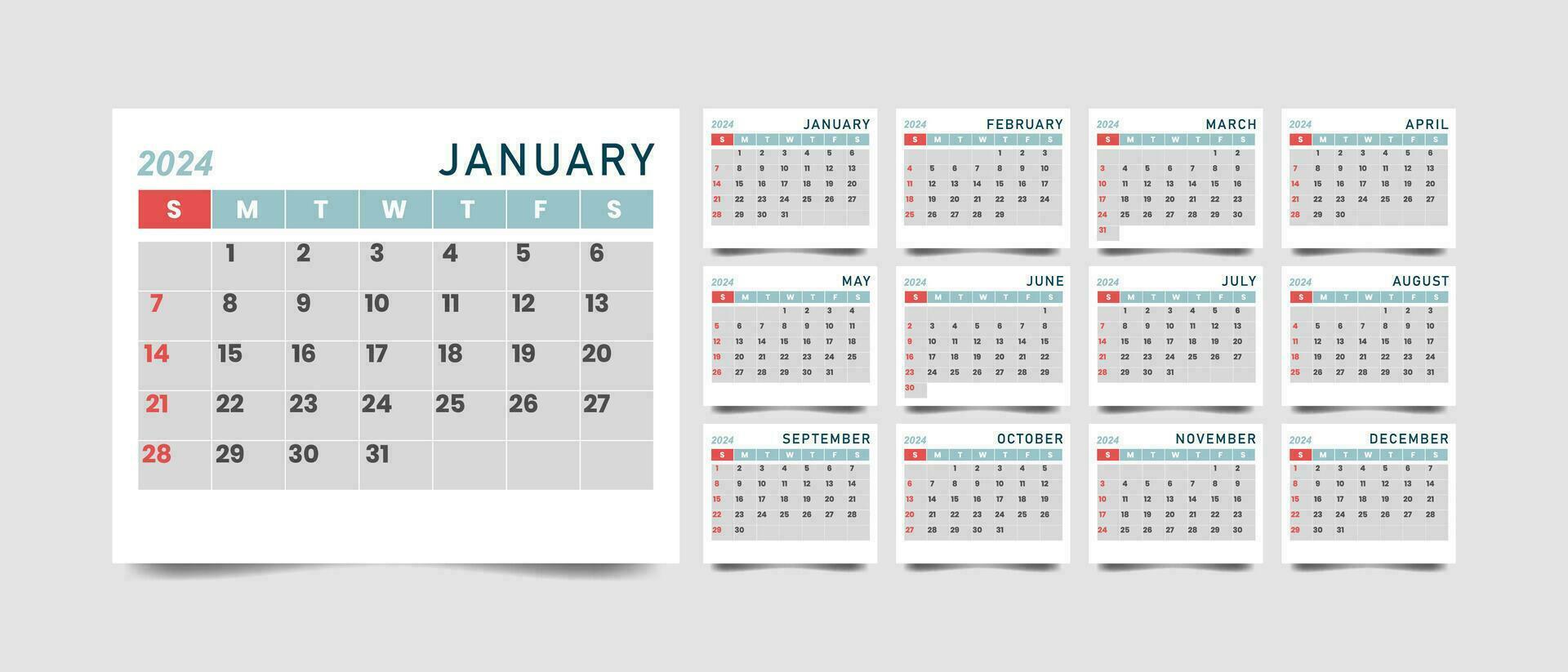 Monthly calendar template for 2024 year with minimalist style vector