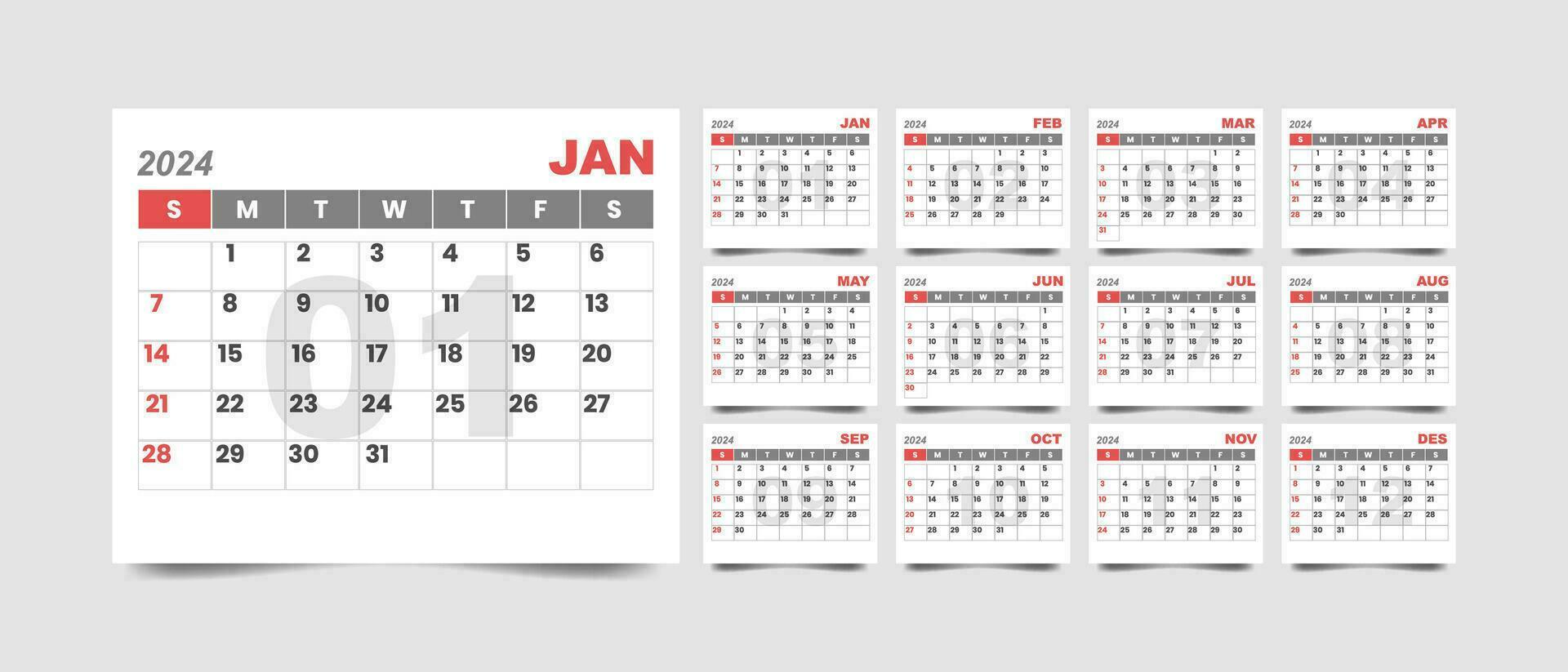 Monthly calendar template for 2024 year with minimalist style vector