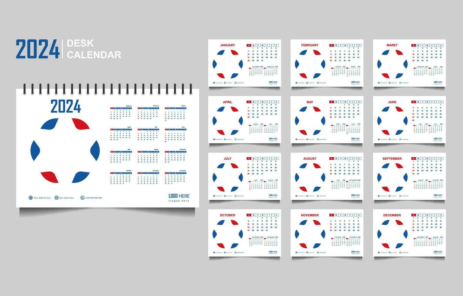 calendar set template for 2024 year vector