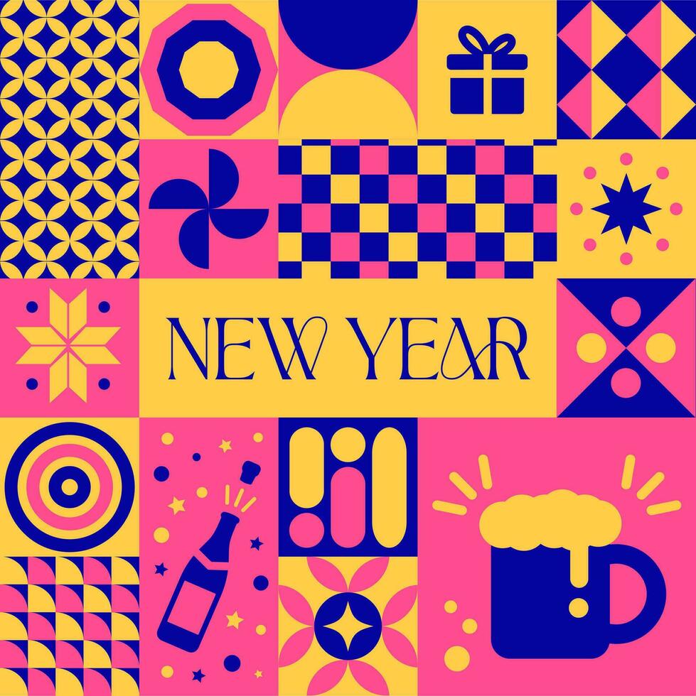 Happy New Year party seamless pattern in scandinavian style postcard with Retro clean concept design vector