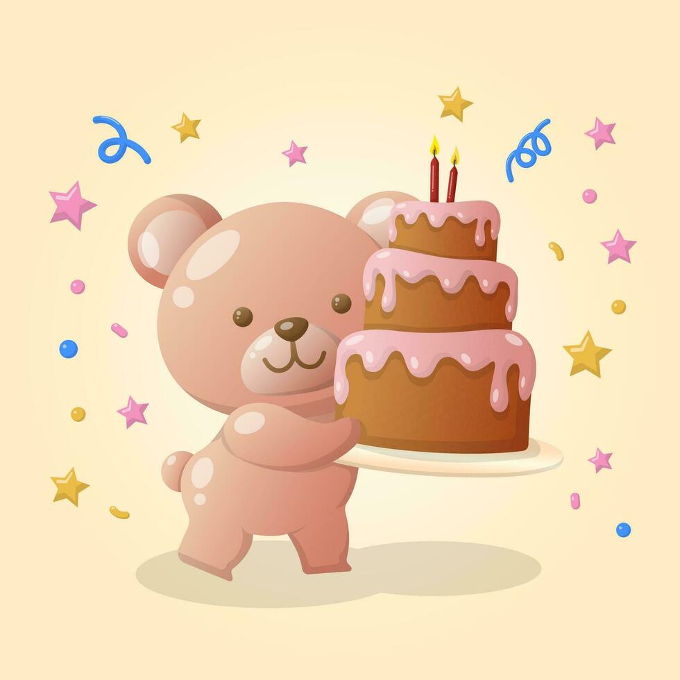 vector cute teddy bear doll with birthday cake and party vibes for baby boy girl illustration