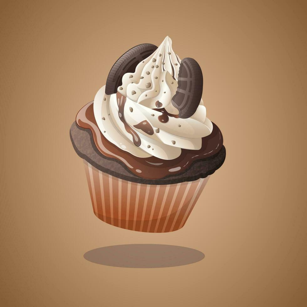 vector chocolate brownies cupcake with chocolate sauce and cookies and cream illustration