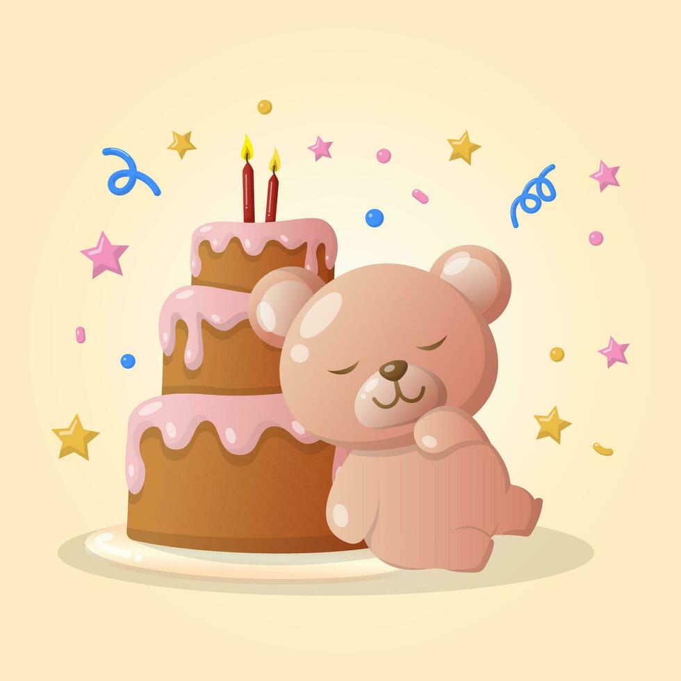 vector linda dormir osito de peluche oso muñeca con cumpleaños pastel y fiesta vibraciones para bebé chico niña ilustración