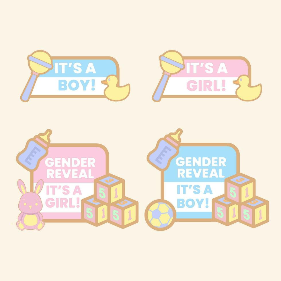 Vector Gender Reveal baby shower boy or girl sticker pack with cute toy illustration