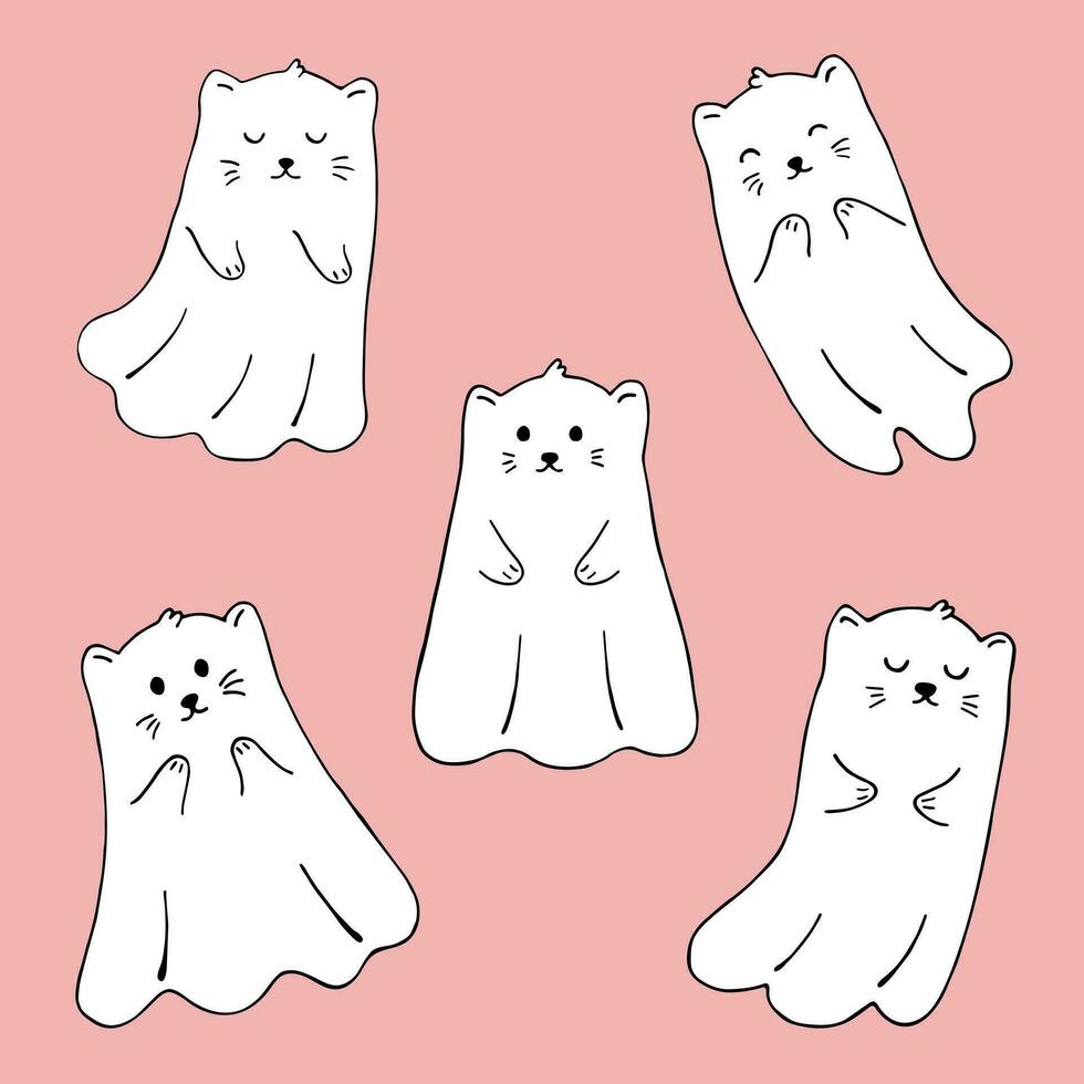 Set of cute ghost cats. Halloween doodle set isolated on pink background. vector