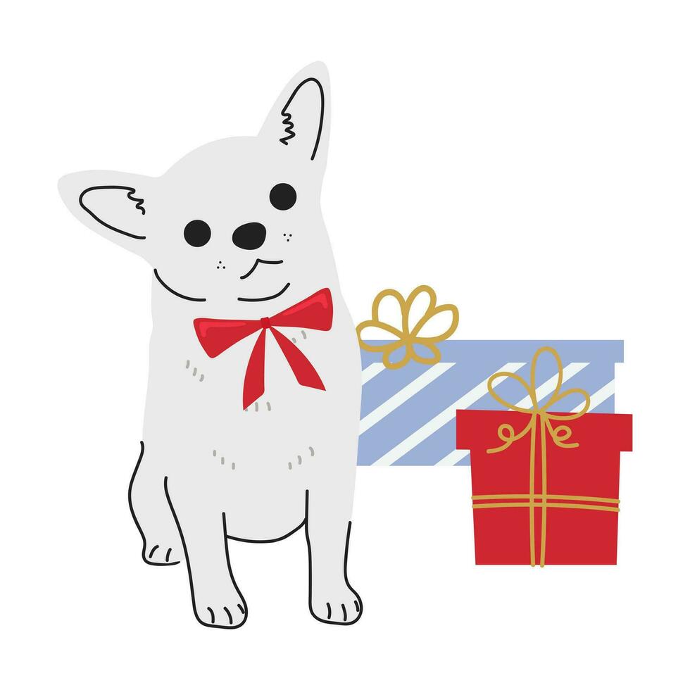 Christmas Chihuahua in hand drawn style. Merry Christmas illustration of cute pet with accessory.  Flat vector illustration isolated on white background