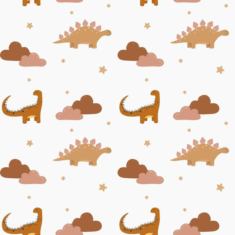 Vector seamless childish pattern with colorful dinosaurs. Baby background for nursery, wrapping paper, fabric, textile. Funny little dinosaur.