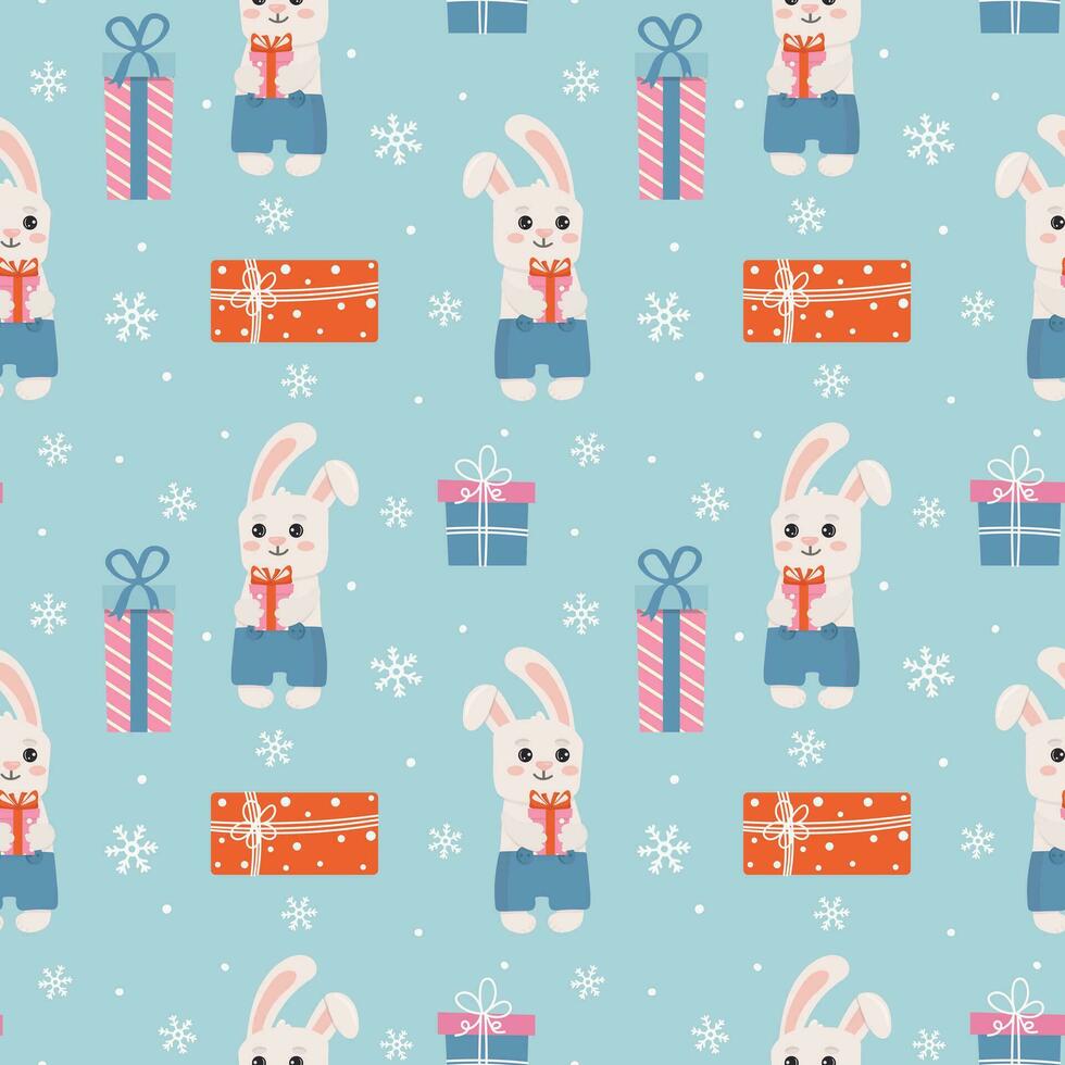 Winter seamless pattern with bunny, presents and snowflakes. Perfect for wrapping paper, greeting cards and seasonal design. vector