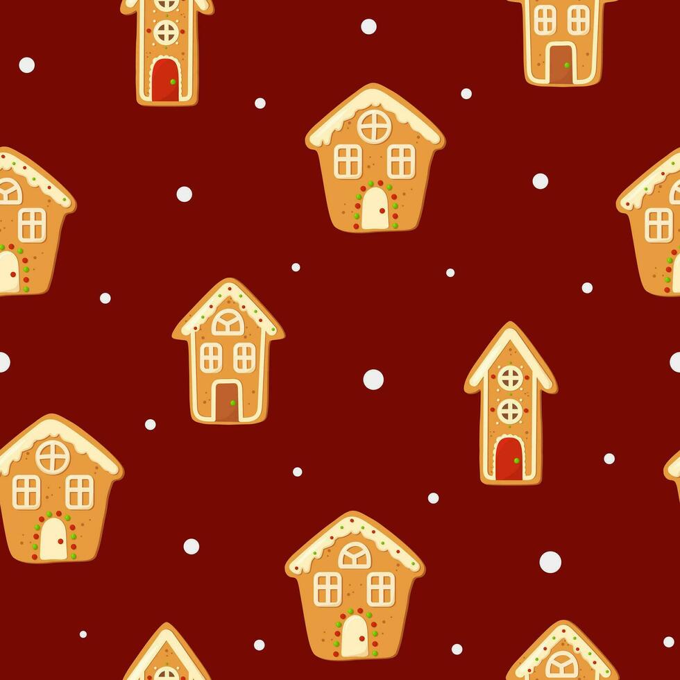 Background with Christmas gingerbread house on red background. Winter holiday food. Seamless christmas pattern. Perfect for wrapping paper, greeting cards, textile. vector