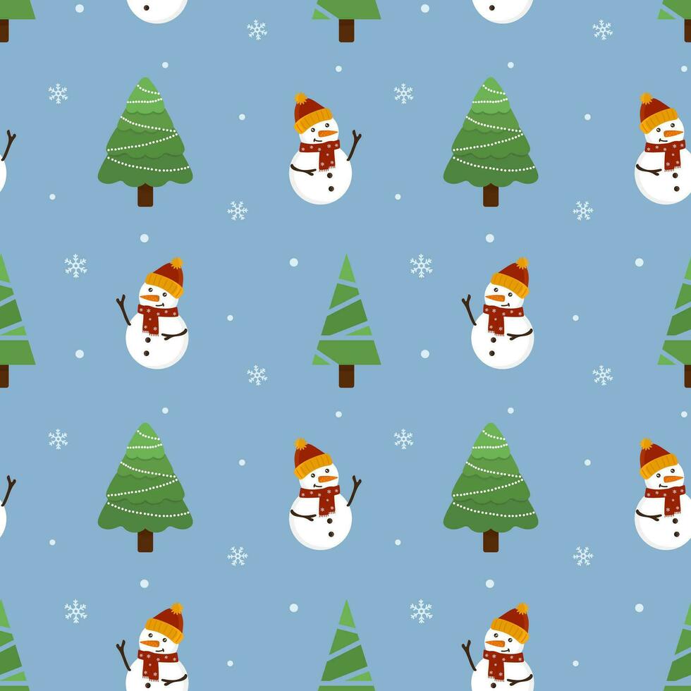 Seamless christmas pattern. Background with snowman,  snowflakes and christmas trees. Perfect for wrapping paper, greeting cards, textile vector