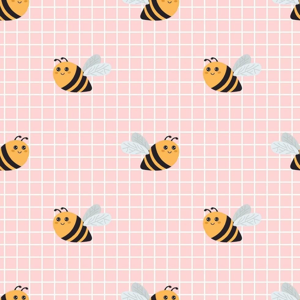 Cute pattern with bee on pink checkered background. Vector seamless texture for kids fabric, wrapping paper, design.