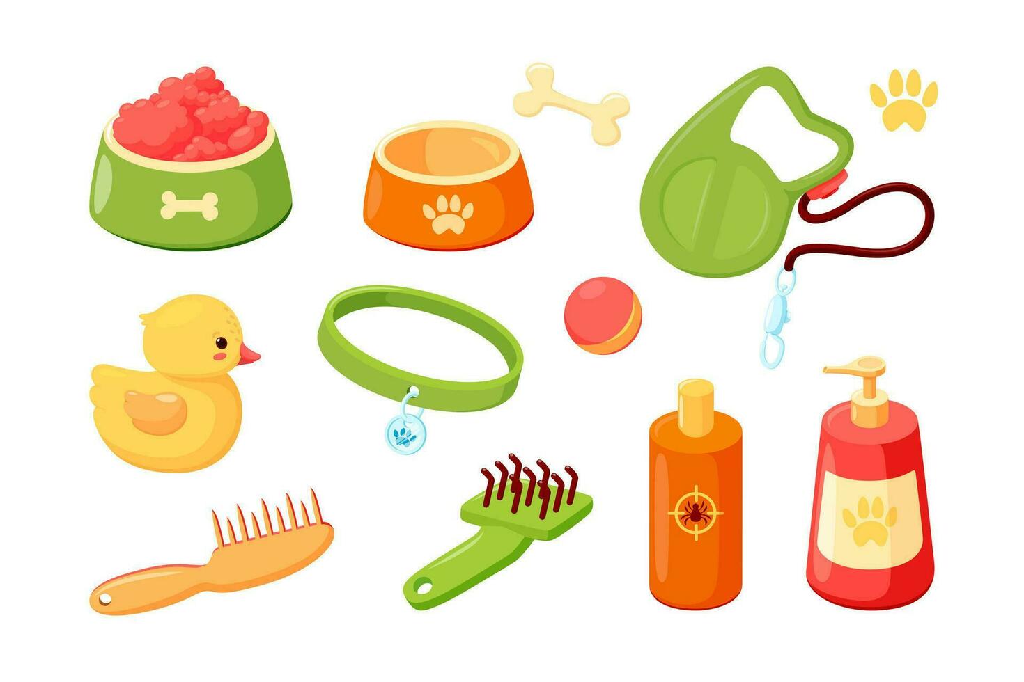 Dog accessories with collar, bowls, duck, combs, shampoo and leash. Puppy stuff for grooming, feeding and games. Vector illustration