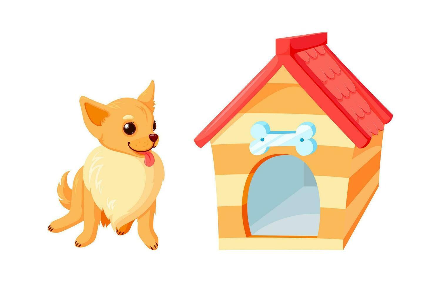 chihuahua perro y perrera con bol. de madera Casa de perro con rojo techo aislado en blanco antecedentes. vector ilustración