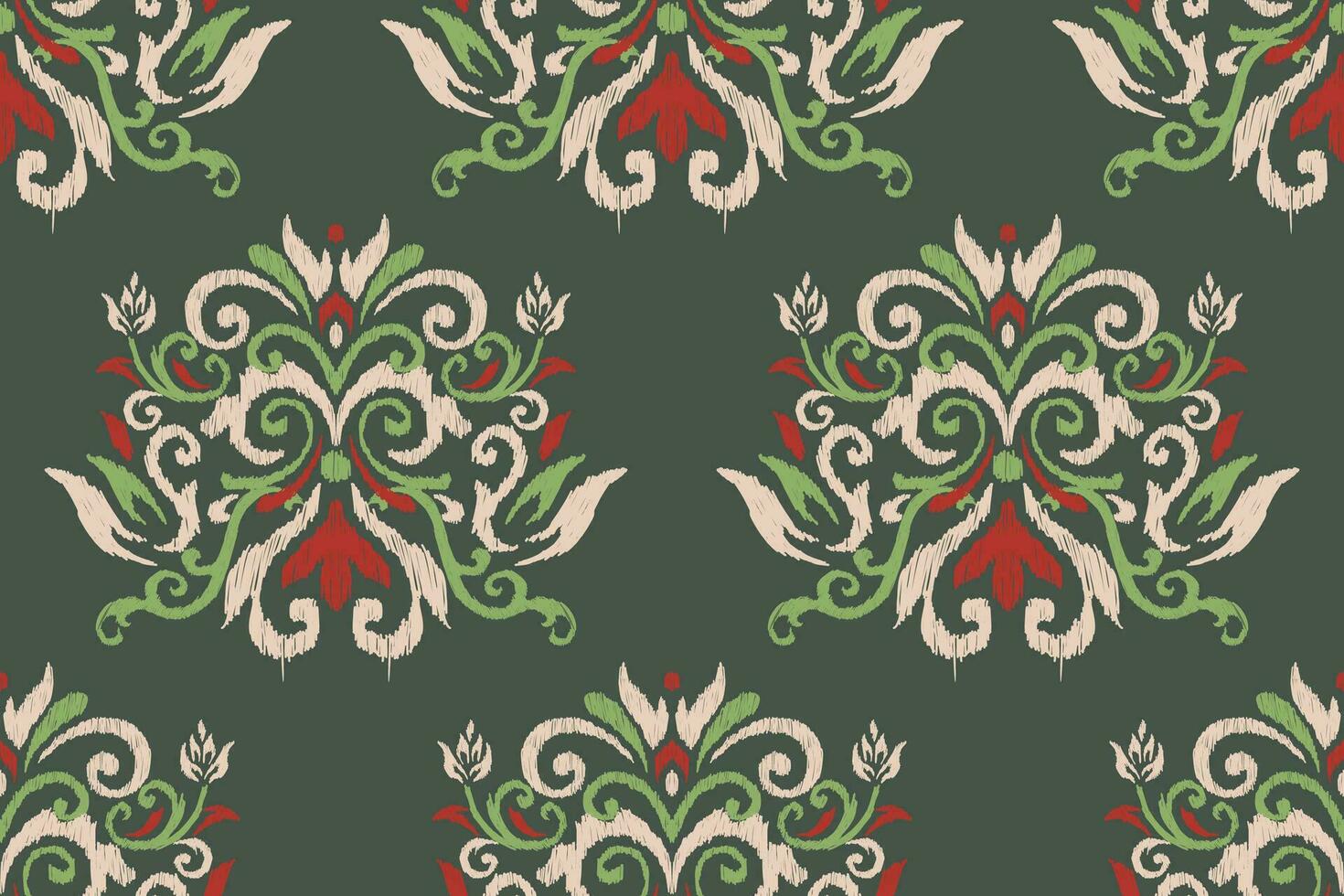 Ikat floral paisley embroidery on green background.Ikat ethnic oriental seamless pattern traditional.Aztec style abstract vector illustration.design for texture,fabric,clothing,wrapping,decoration.