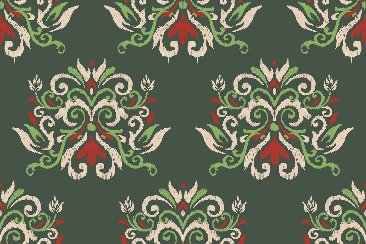 Ikat floral paisley embroidery on green background.Ikat ethnic oriental seamless pattern traditional.Aztec style abstract vector illustration.design for texture,fabric,clothing,wrapping,decoration.