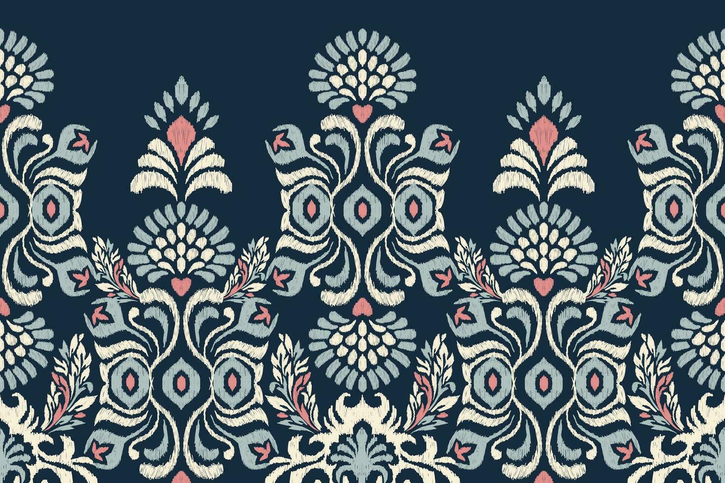 Ikat floral paisley embroidery on navy blue background.Ikat ethnic oriental pattern traditional.Aztec style abstract vector illustration.design for texture,fabric,clothing,wrapping,decoration,sarong.