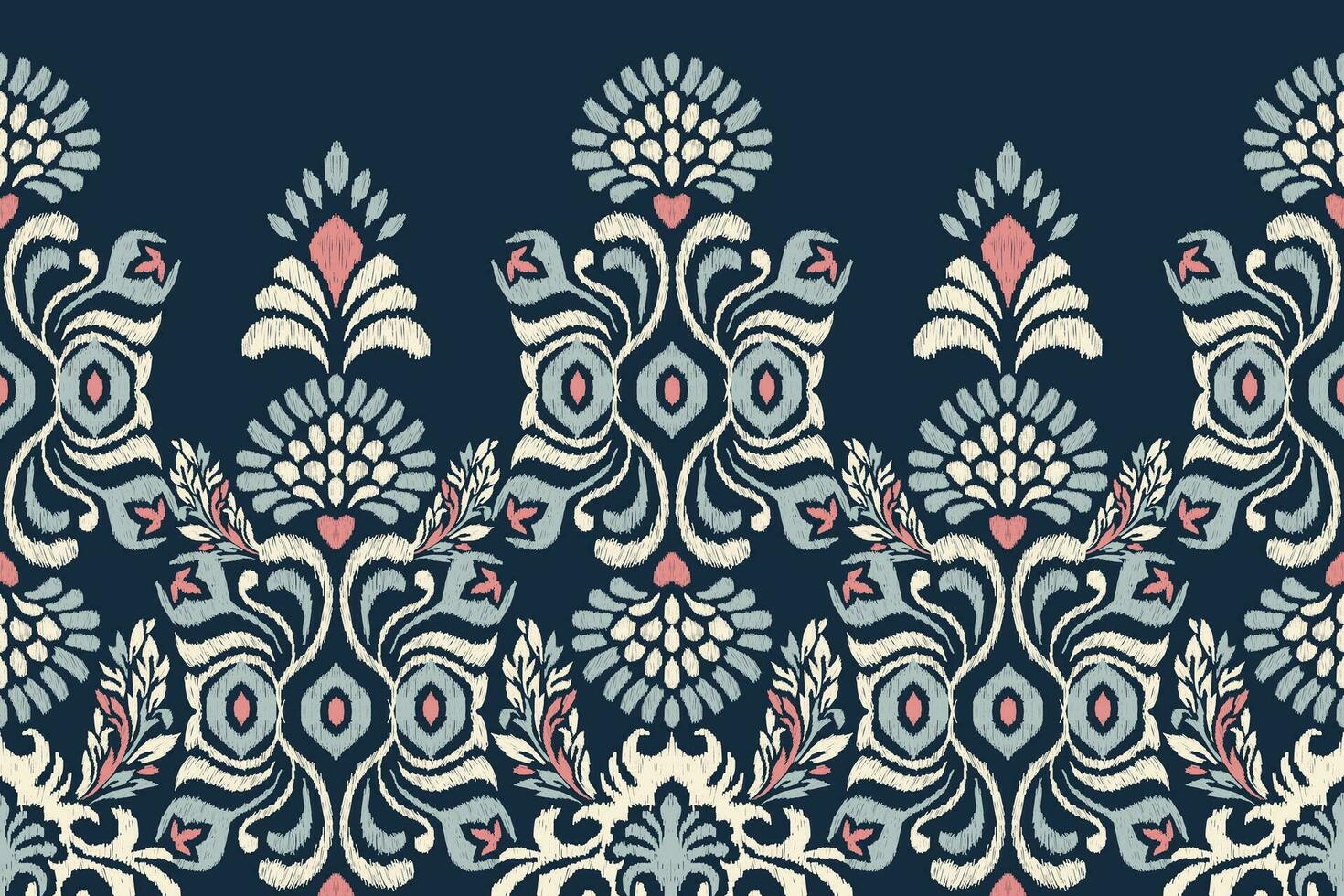 Ikat floral paisley embroidery on navy blue background.Ikat ethnic oriental pattern traditional.Aztec style abstract vector illustration.design for texture,fabric,clothing,wrapping,decoration,sarong.