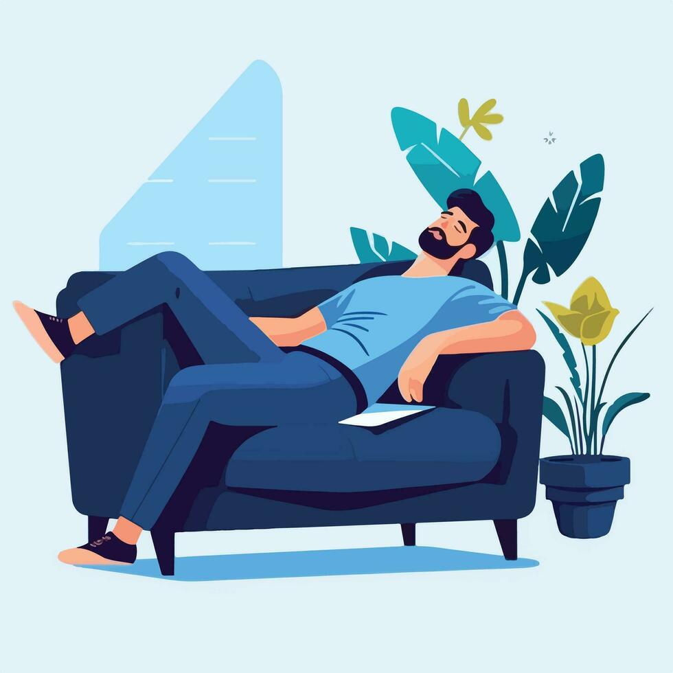 hombre relajante en sofá con planta y libro vector