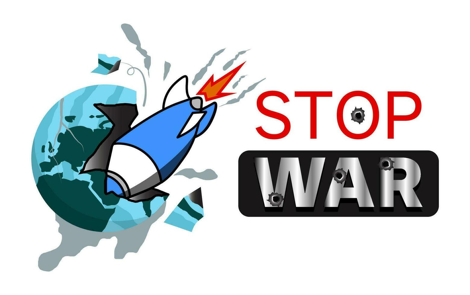 Stop the war poster. Illustration of a rocket weapon hitting the earth until it is destroyed. Cartoon illustrations with social and humanitarian themes vector